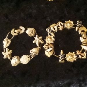 2 Bracelets double chain charms. Nautical & sea side size 8-9 enamel & gold tone